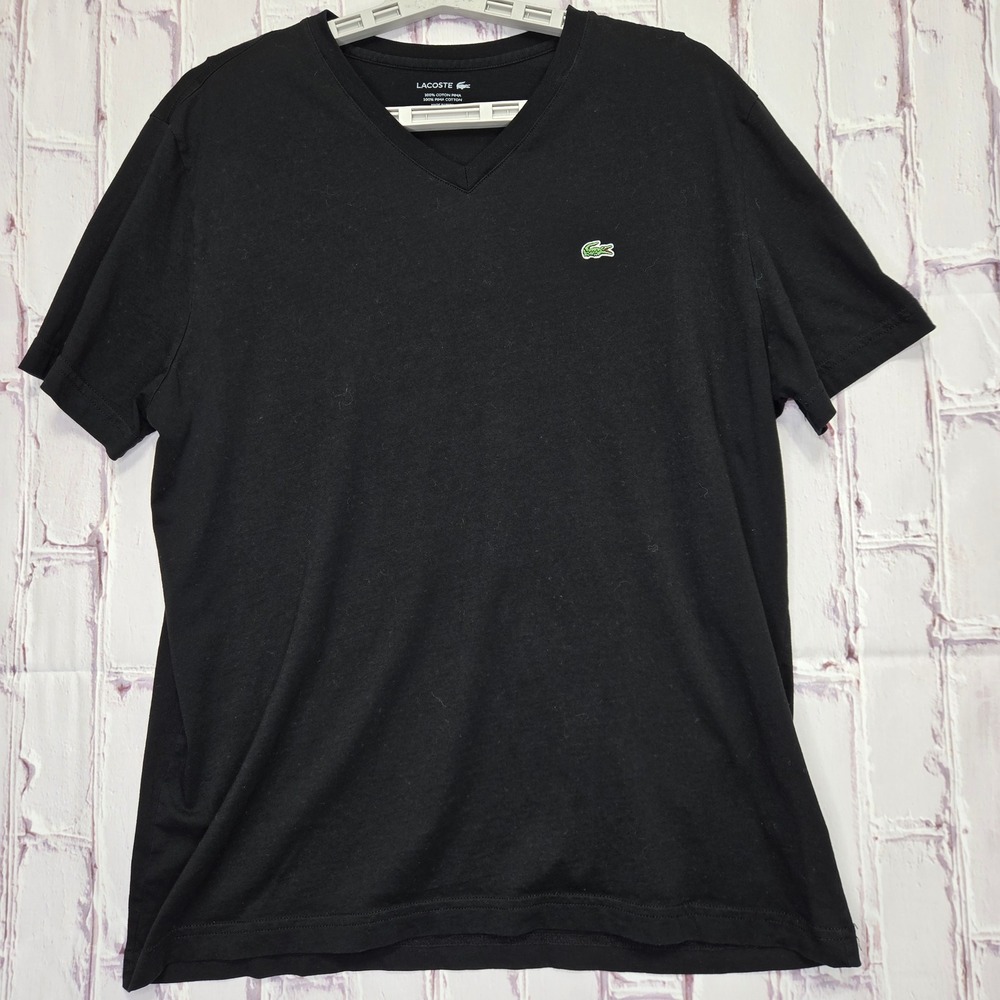 Lacoste V-Neck Shirt Black Pima Cotton Logo Regular Fit Tee Mens XL